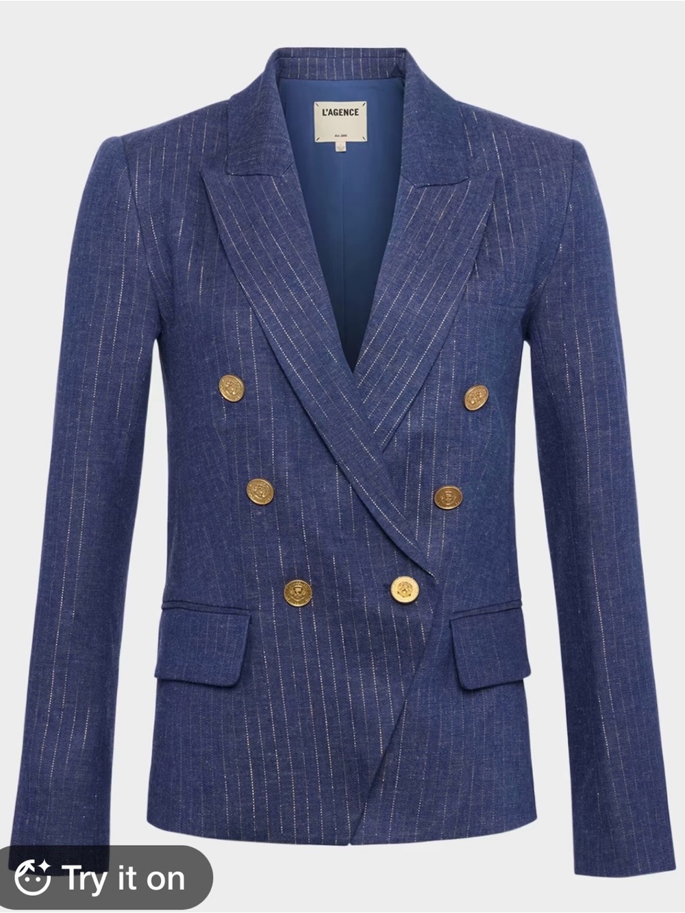 L'AGENCE Kenzie Double-Breasted Blazer in Blue/Wild Wind Gold Pinstripe